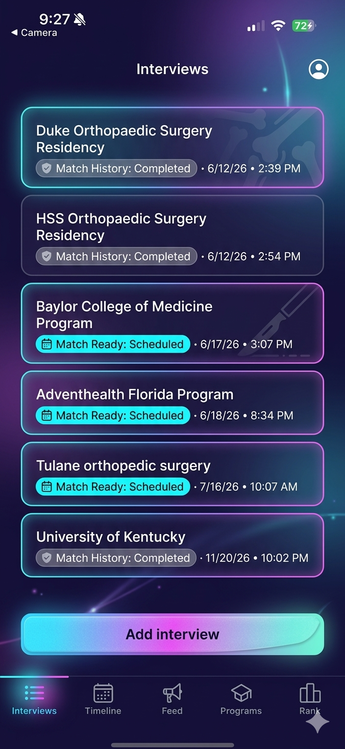 Interview Tracker showing tracked programs with status badges