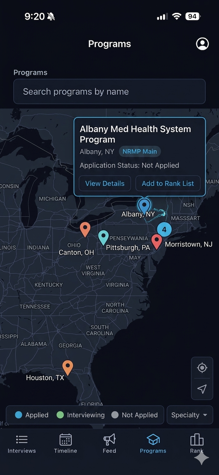 Programs map view with interview pins across the US